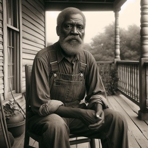 An aged man in working clothes sits on the porch of a modest house, facing the viewer.